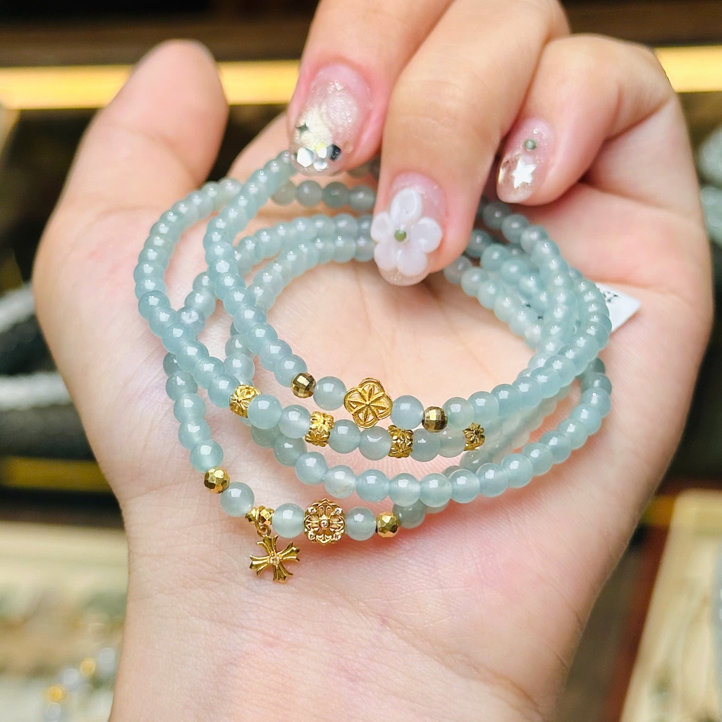 Chuỗi lam băng ngọc 4mm mix charm v18k