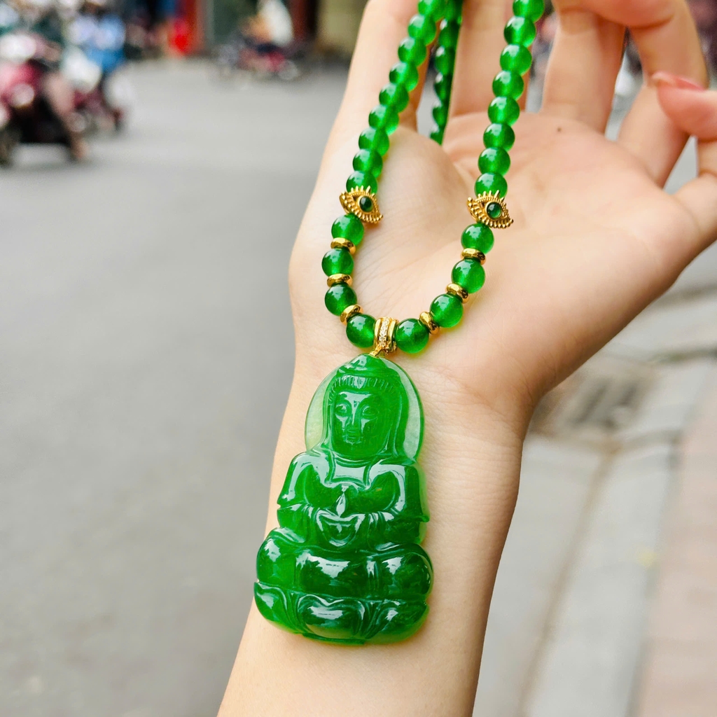 Mặt Phật Quan Âm Thạch Anh Xanh Mix Dây 6.8li – Vẻ Đẹp Từ Bi & Bình An