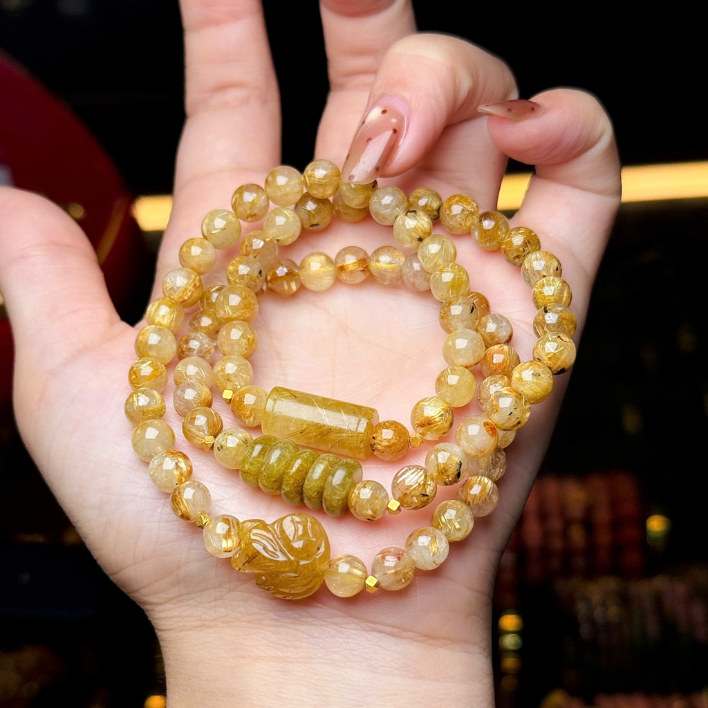 Thạch anh tóc vàng 6,5mm mix charm tóc vàng chặn v18k