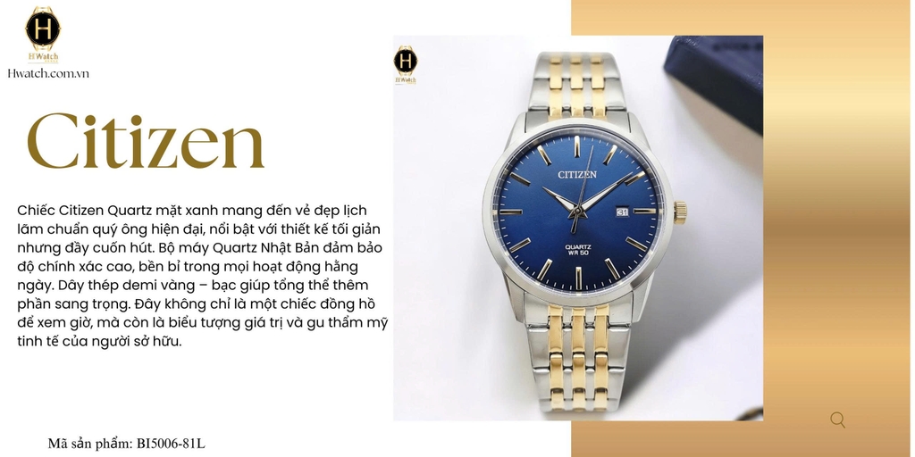  Citizen Quartz BI5006-81L Dây Thép Demi Vàng Mặt Xanh