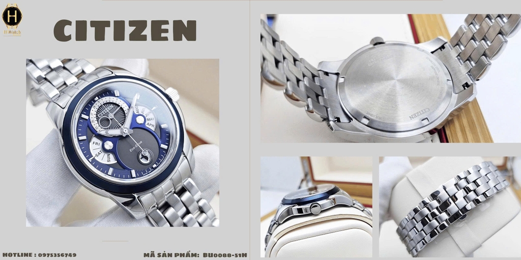  Citizen Quartz Eco-Drive Calendrier Moon Phase Blue BU0088-51H