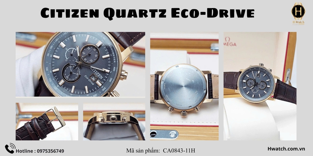  Citizen Pin Eco-Drive CA0843-11H Dây Da Nâu Vỏ Vàng Hồng Mặt Xám.