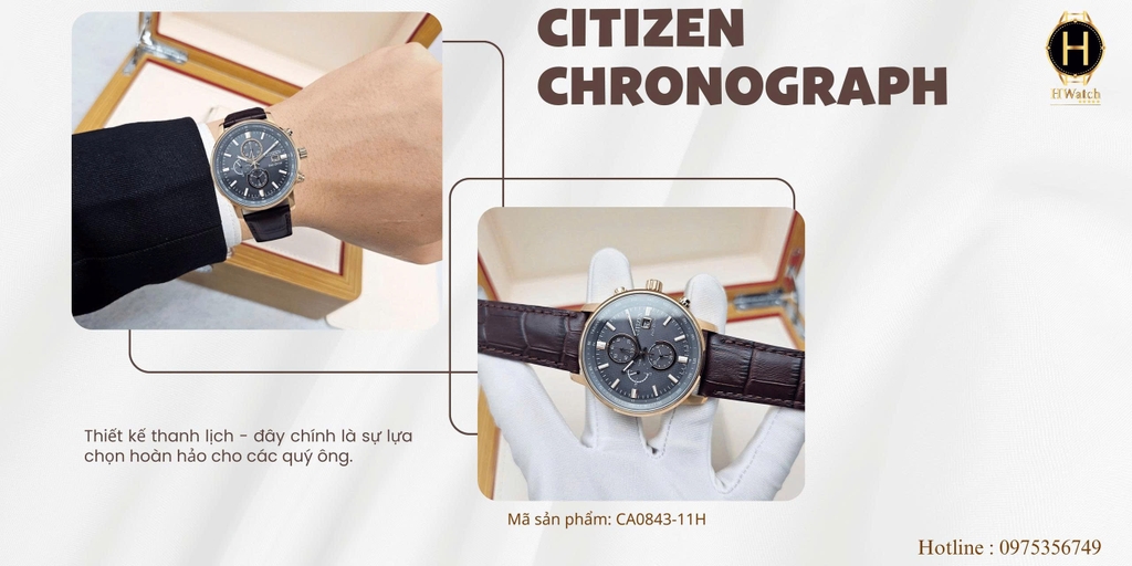  Citizen Pin Eco-Drive CA0843-11H Dây Da Nâu Vỏ Vàng Hồng Mặt Xám.