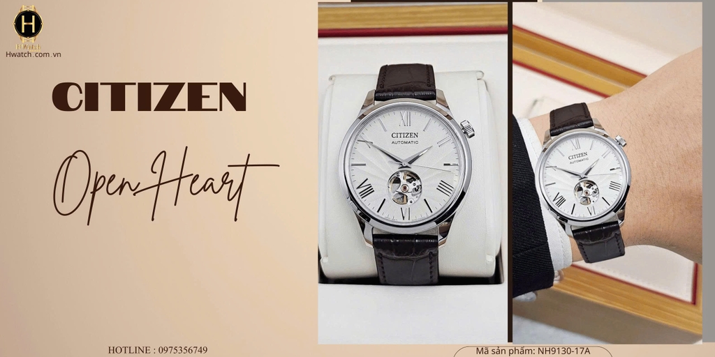 Citizen Automatic Open Heart NH9130-17A Dây Da Nâu Mặt Beige