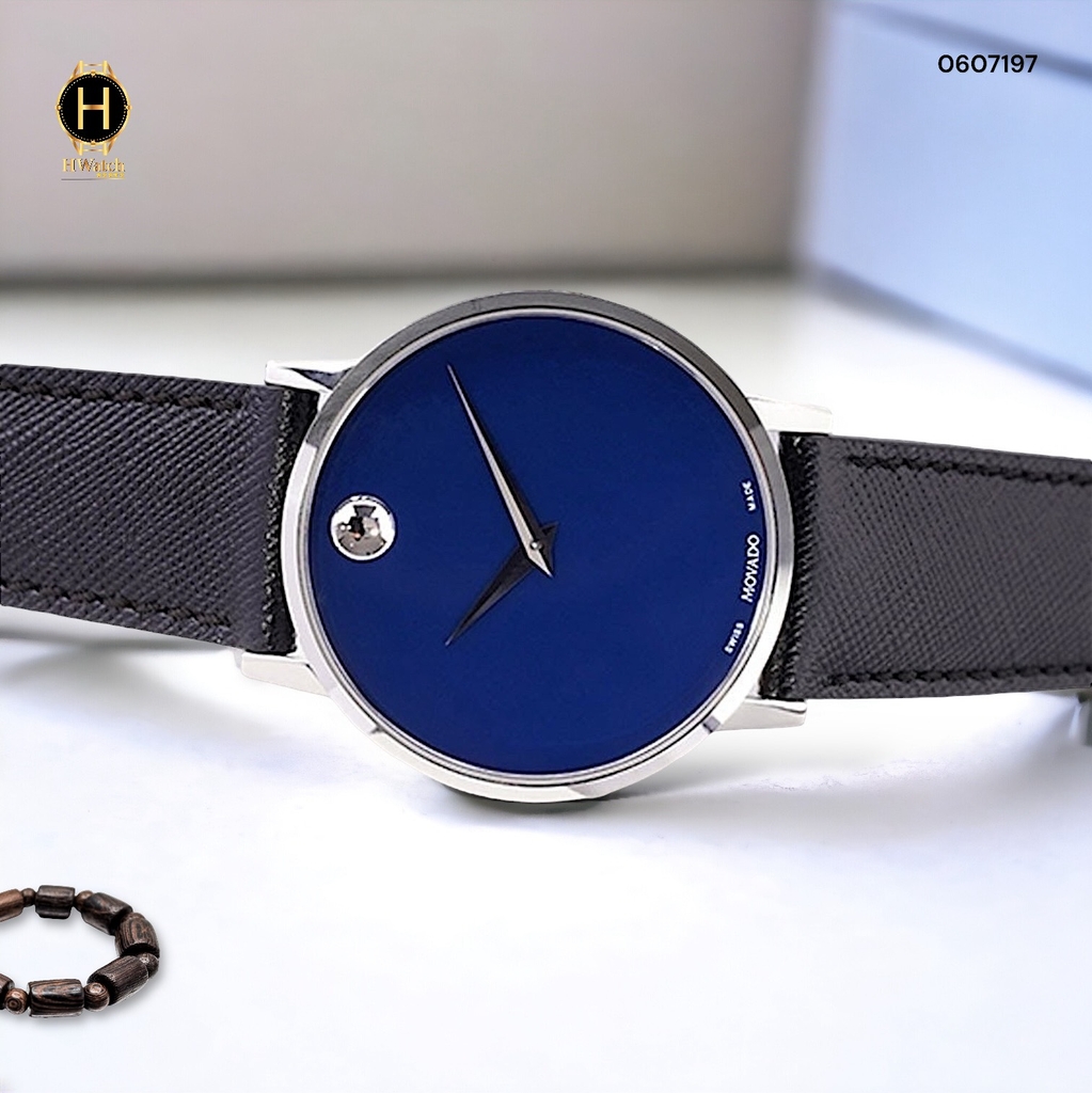 Đồng Hồ Nam Movado Quartz 0607197 PRESAGE Dây Da Đen Mặt Xanh Lam Sapphire.