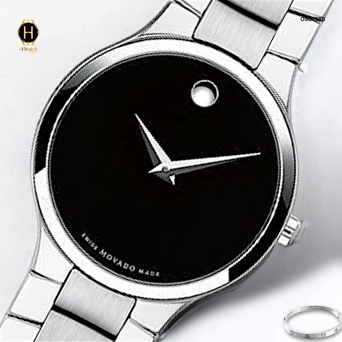 Đồng Hồ Nữ Movado Quartz 0607288 Dây Thép Trắng Mặt Đen.