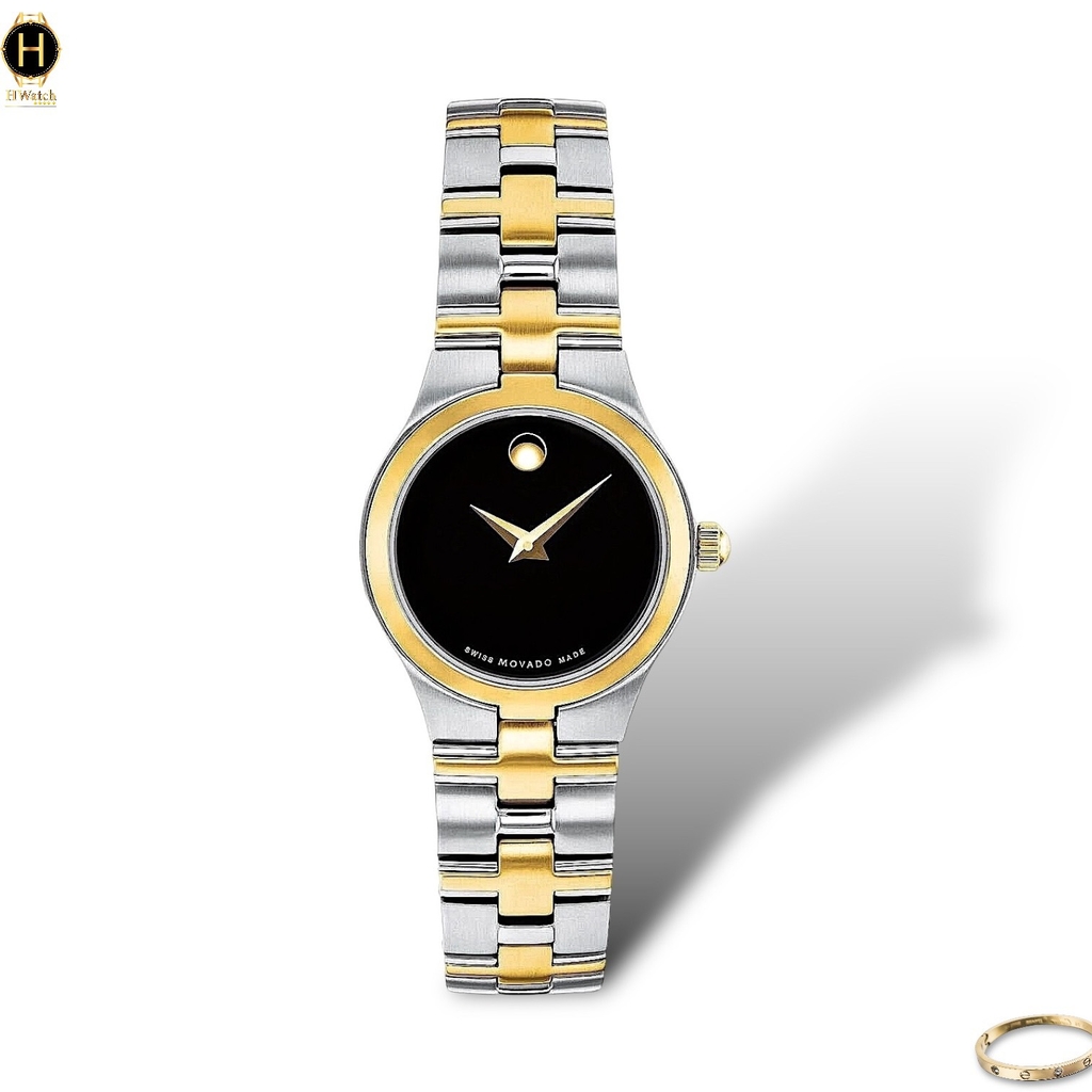 Đồng Hồ Nữ Movado Quartz 0607445 Juro Museum Dây Thép Demi Vàng Mặt Đen