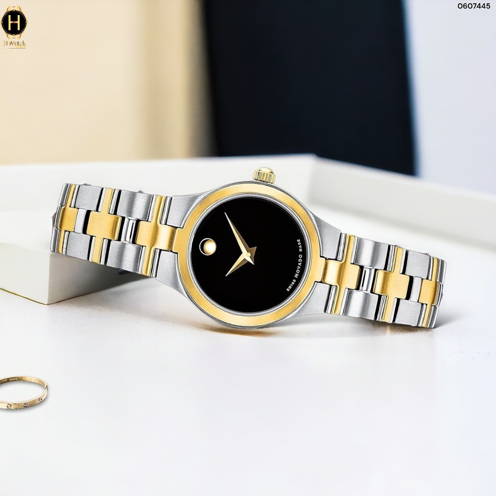 Đồng Hồ Nữ Movado Quartz 0607445 Juro Museum Dây Thép Demi Vàng Mặt Đen