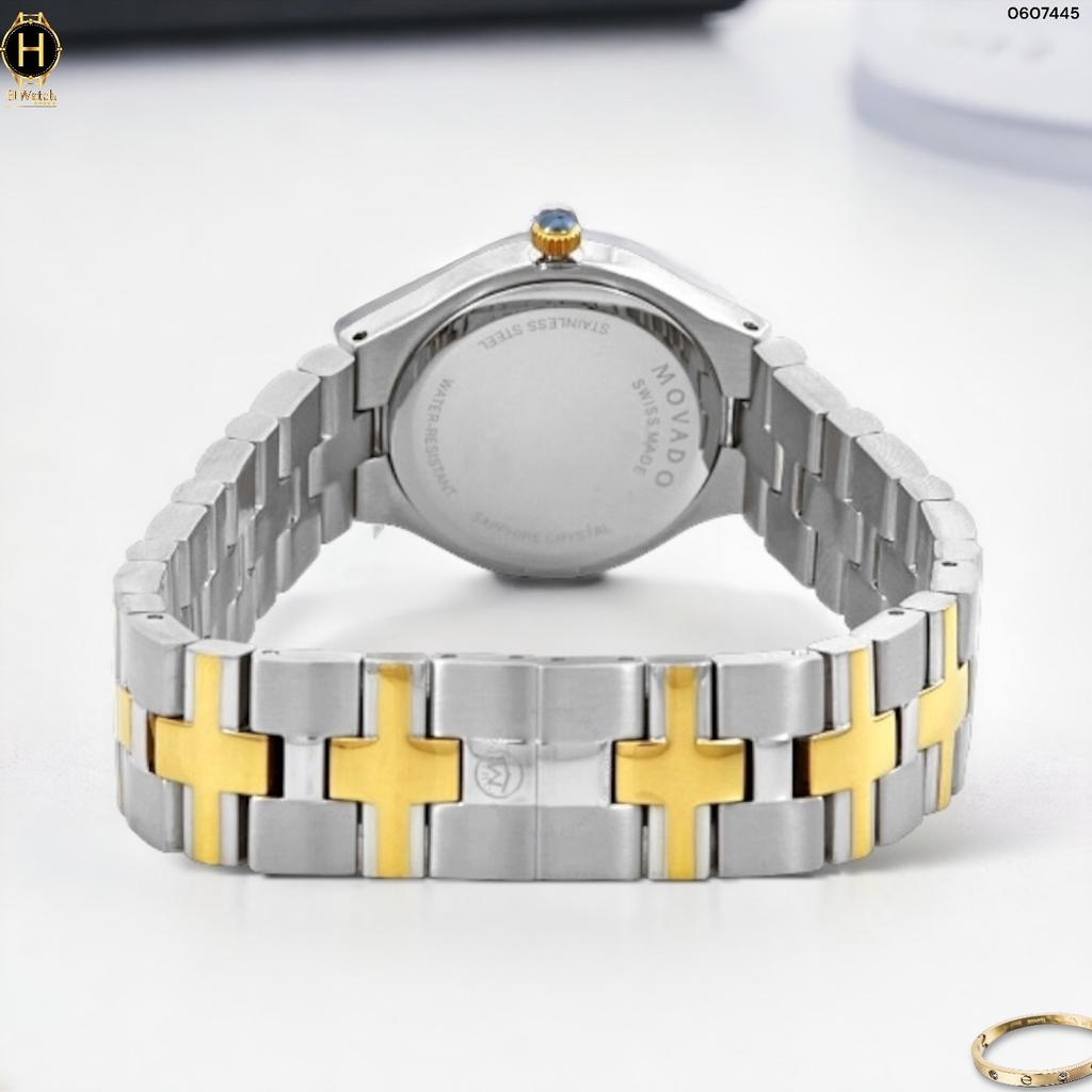 Đồng Hồ Nữ Movado Quartz 0607445 Juro Museum Dây Thép Demi Vàng Mặt Đen