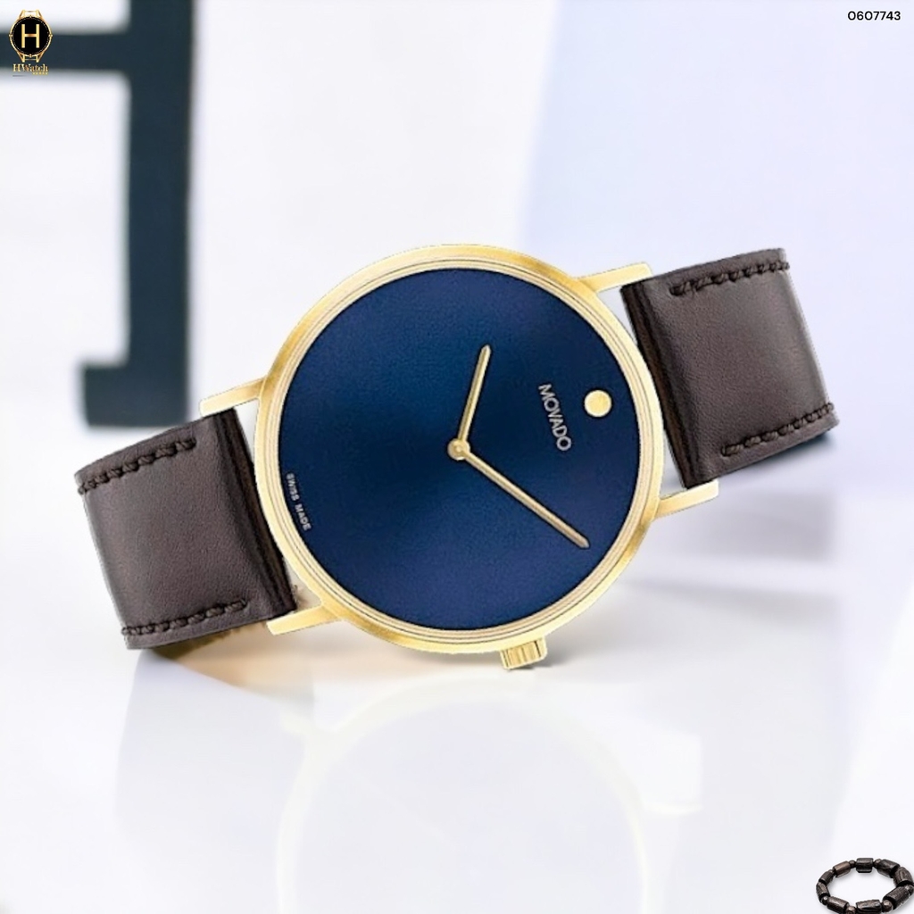 Đồng Hồ Nam Movado Quartz Signature 0607743 Dây Da Mặt Xanh Lam