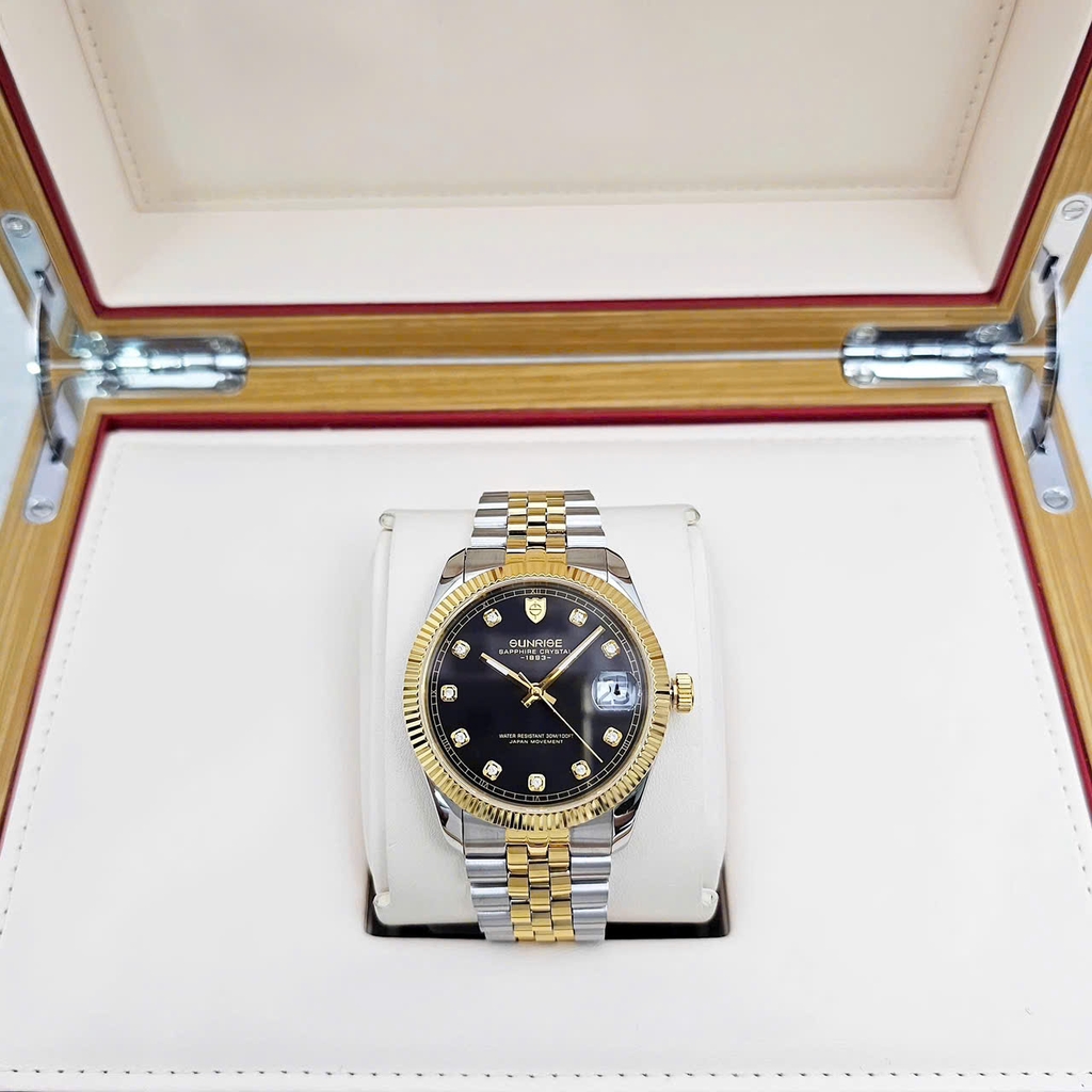 Đồng Hồ Cặp Sunrise Quartz 1255SA 2255SA Dây Thép Demi Gold Mặt Đen Sapphire ( Giá 1 Chiếc )