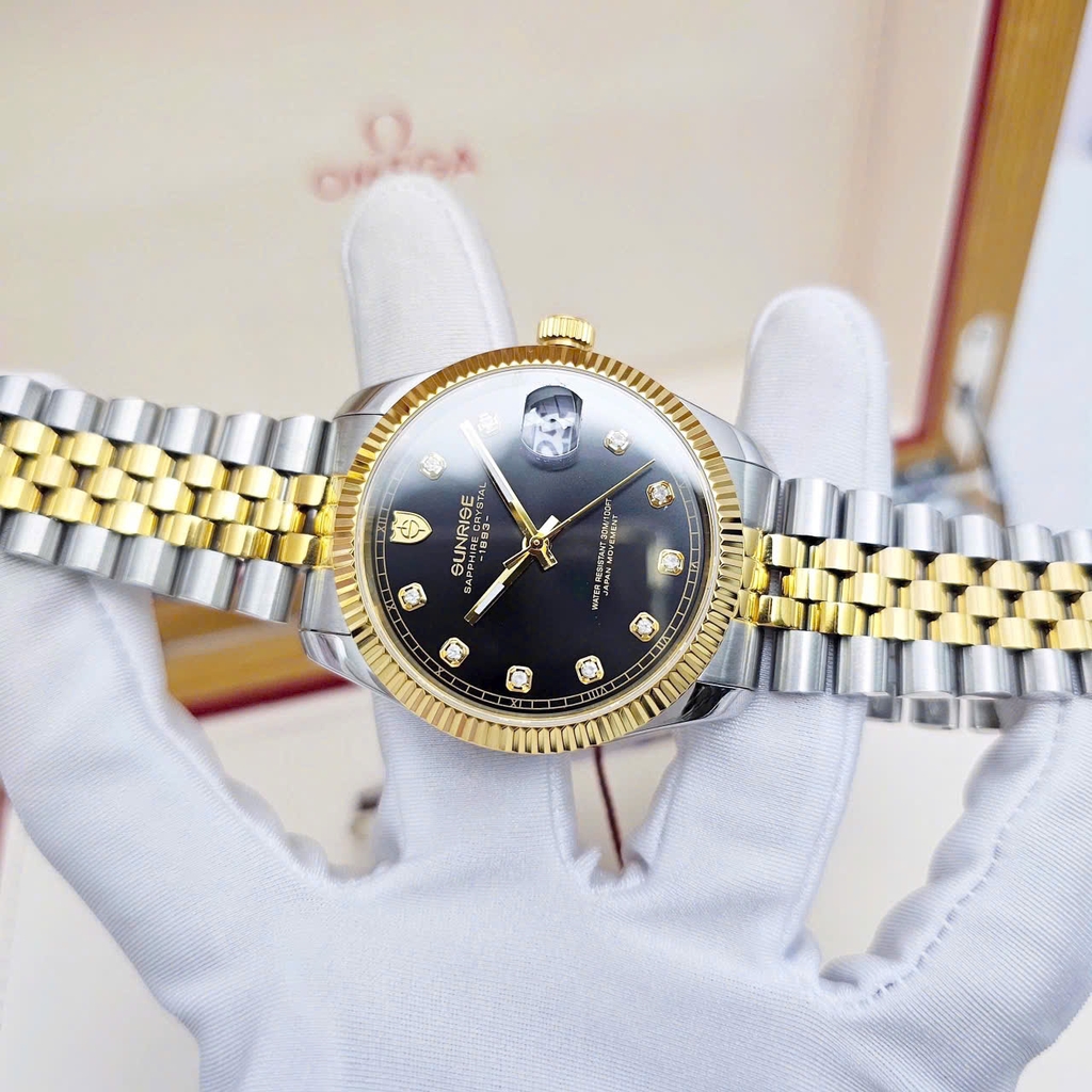 Đồng Hồ Cặp Sunrise Quartz 1255SA 2255SA Dây Thép Demi Gold Mặt Đen Sapphire ( Giá 1 Chiếc )