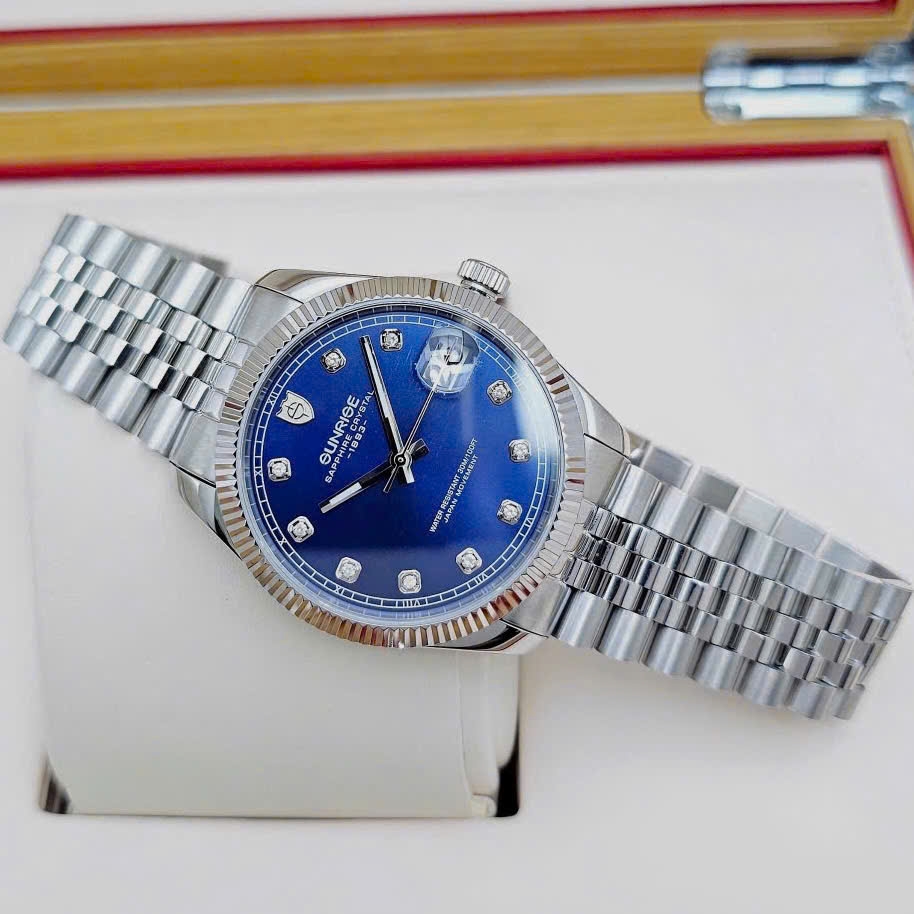 Đồng Hồ Cặp Sunrise Quartz 1255SA 2255SA Thép Trắng Blue ( Giá 1 Chiếc )