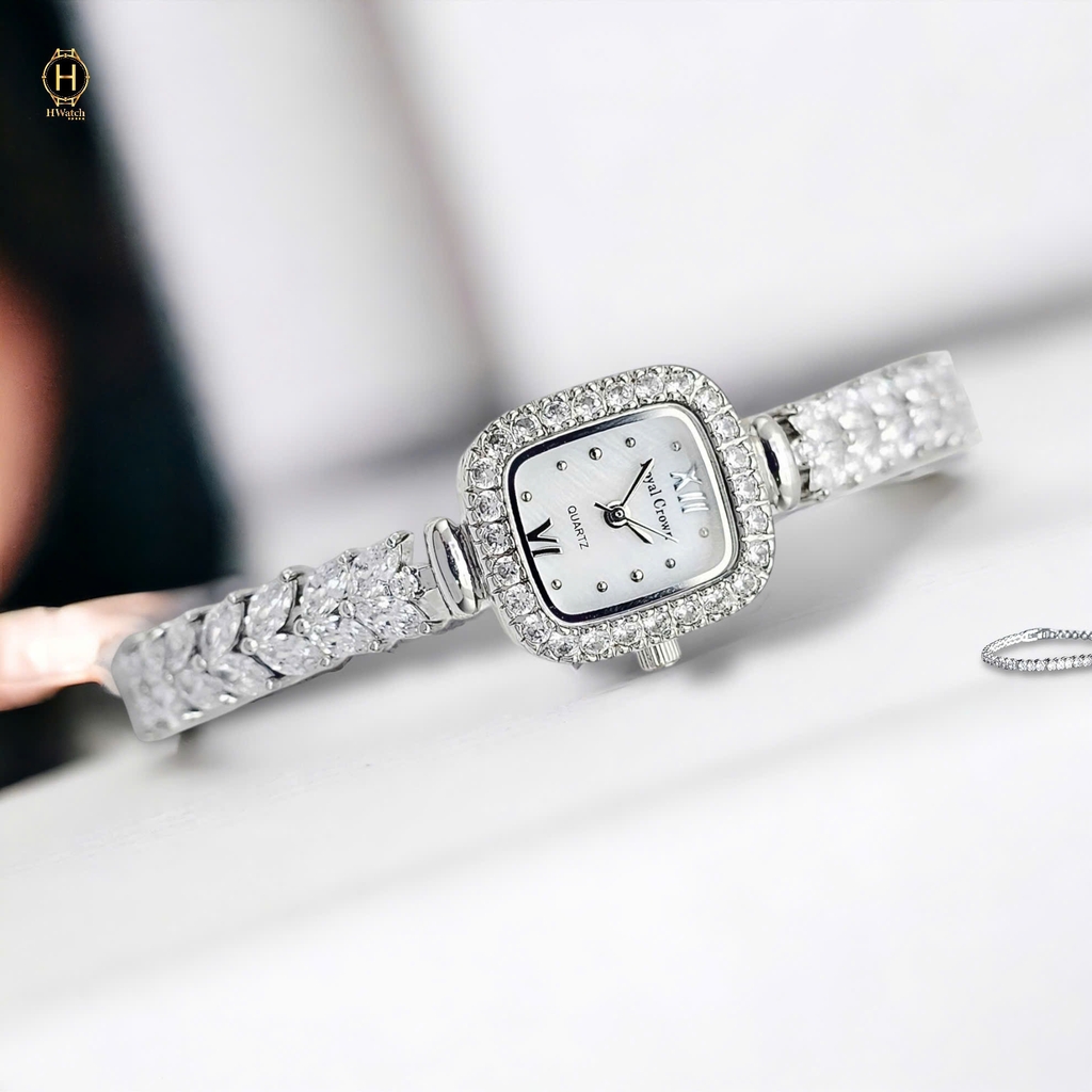Đồng hồ Royal Crown 1514 Lắc Tay Vuông Dây Sắt Đính Đá