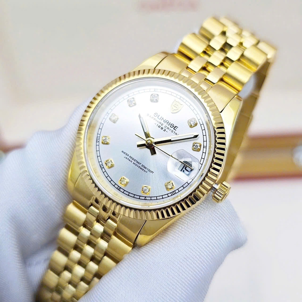 Đồng Hồ Cặp Sunrise Quartz 1255SA  2255SA Dây Sắt Vàng Mặt Trắng ( Giá 1 Chiếc )
