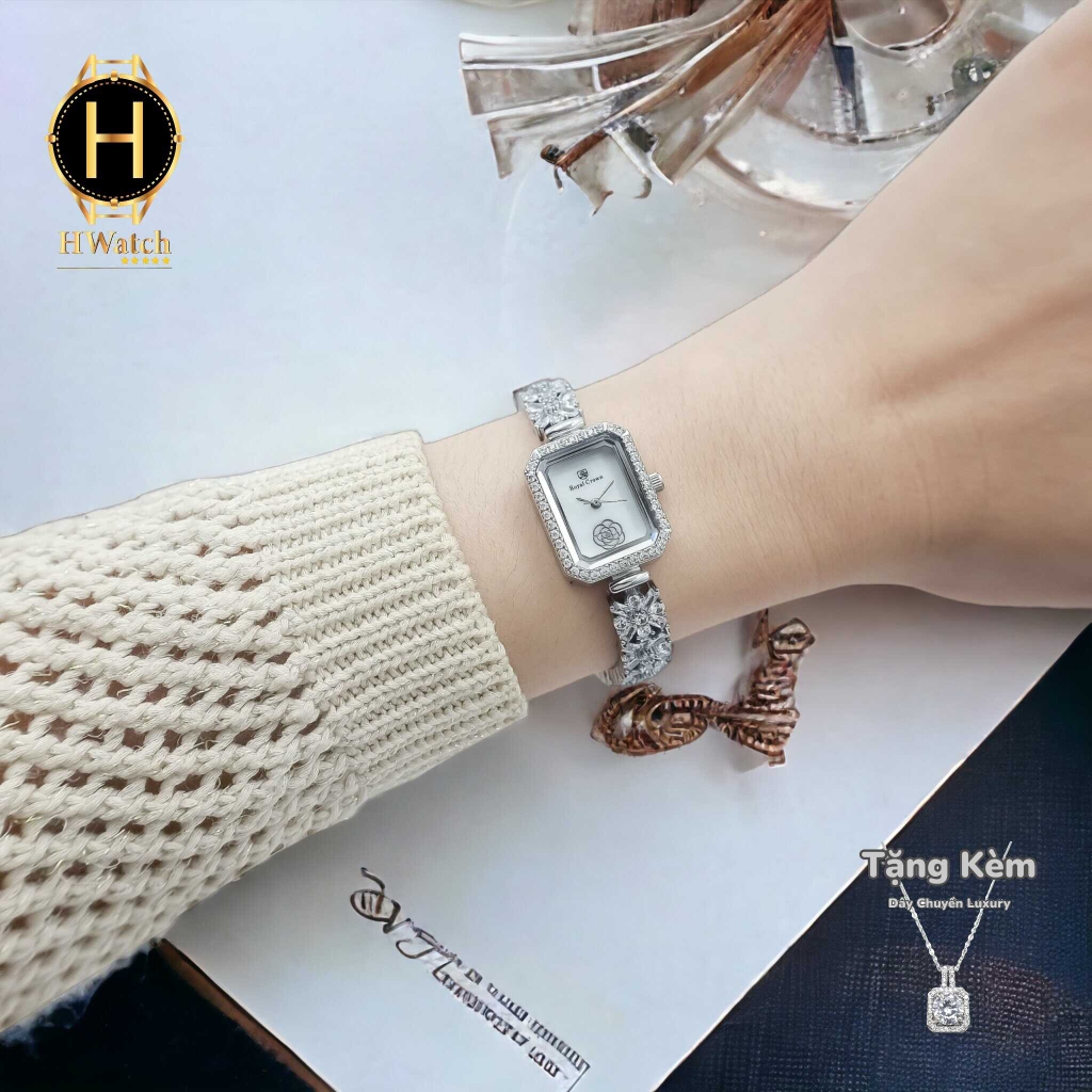 Đồng Hồ Nữ Royal Quartz 2032 Dây Thép Trắng Mặt Trắng Viền Đá