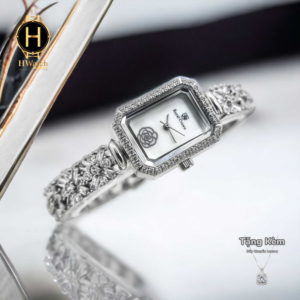 Đồng Hồ Nữ Royal Quartz 2032 Dây Thép Trắng Mặt Trắng Viền Đá