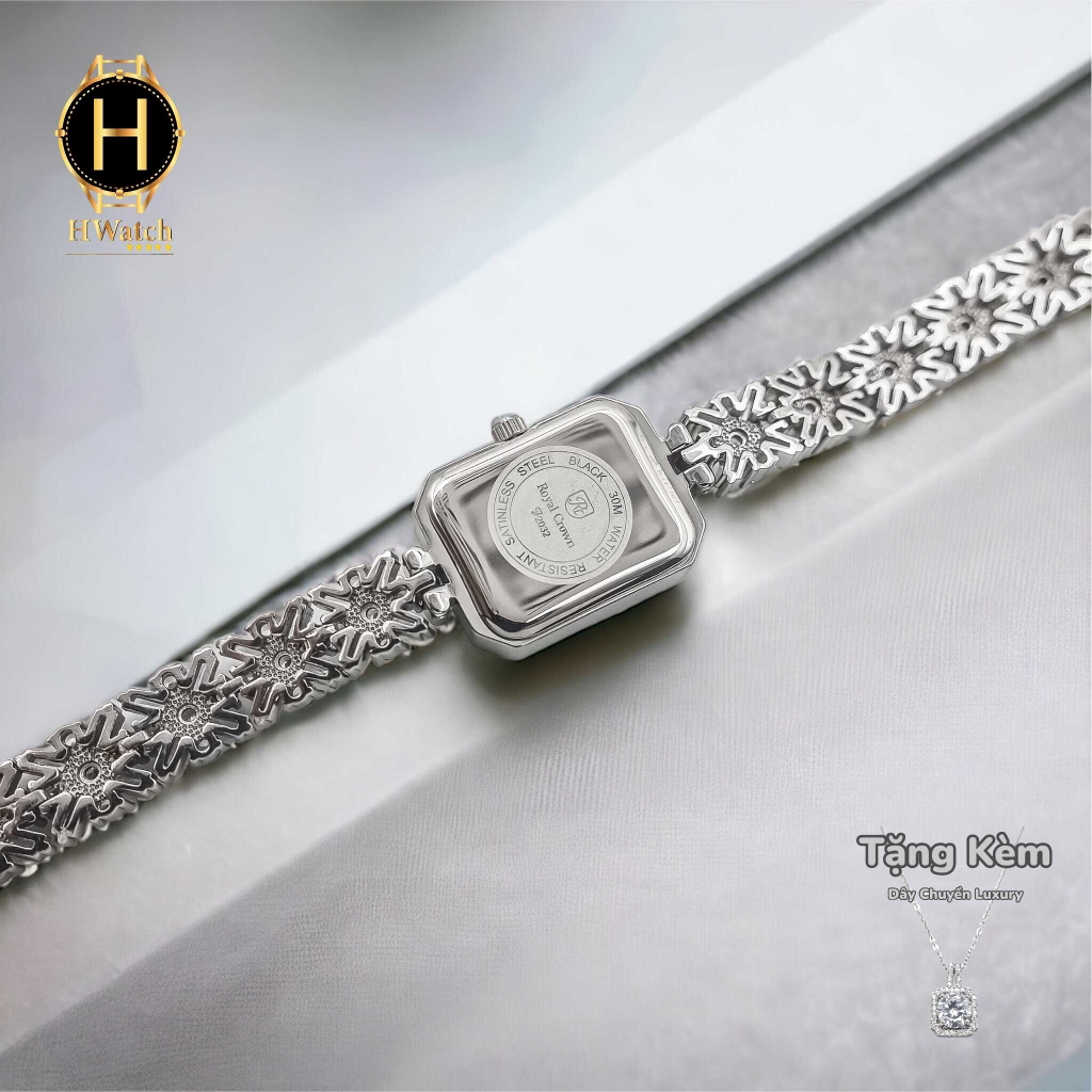 Đồng Hồ Nữ Royal Quartz 2032 Dây Thép Trắng Mặt Trắng Viền Đá