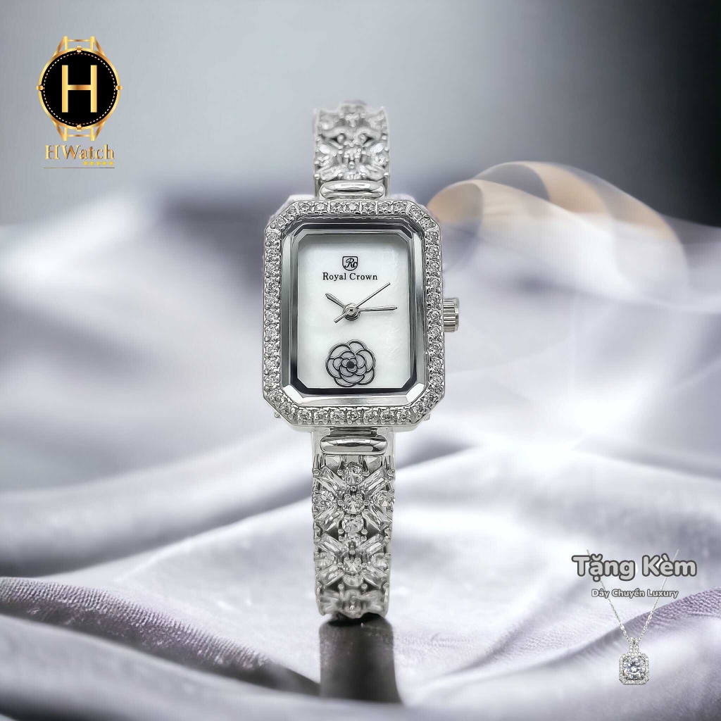 Đồng Hồ Nữ Royal Quartz 2032 Dây Thép Trắng Mặt Trắng Viền Đá