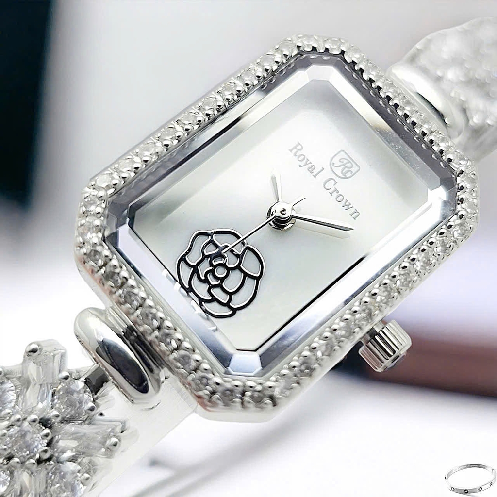 Đồng Hồ Nữ Royal Quartz 2032 Dây Thép Trắng Mặt Trắng Viền Đá