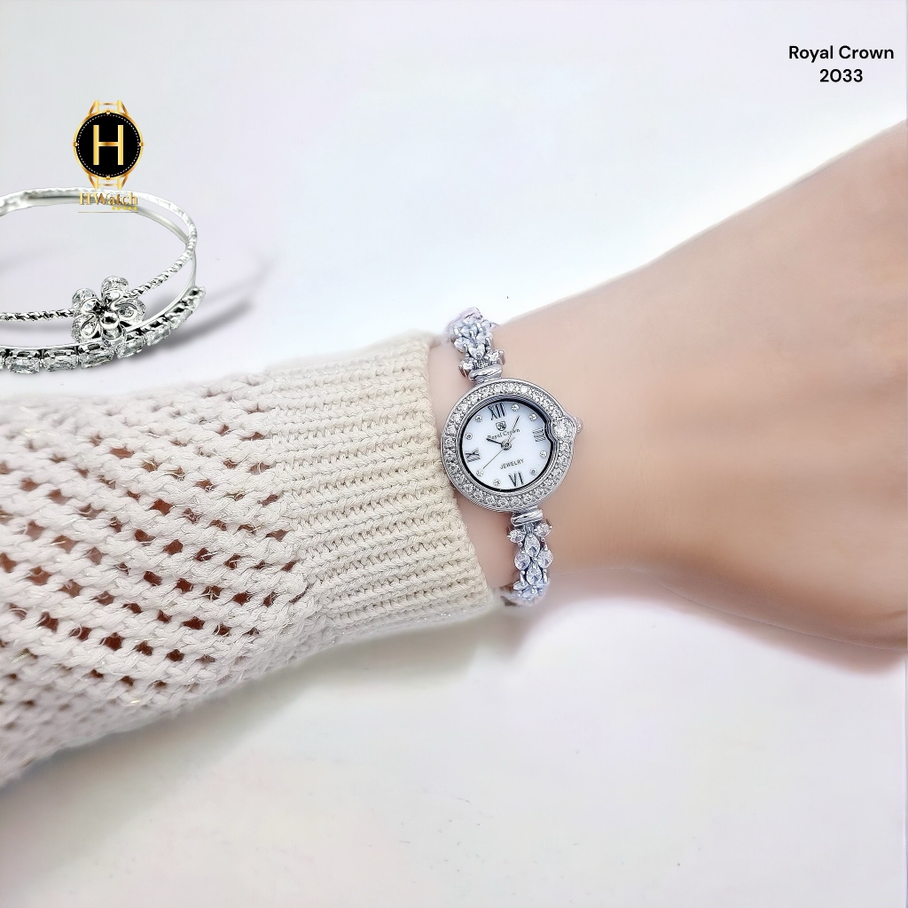 Đồng Hồ Nữ Royal Crown 2033 Lắc Tay Tròn  Dây Sắt Đính Đá