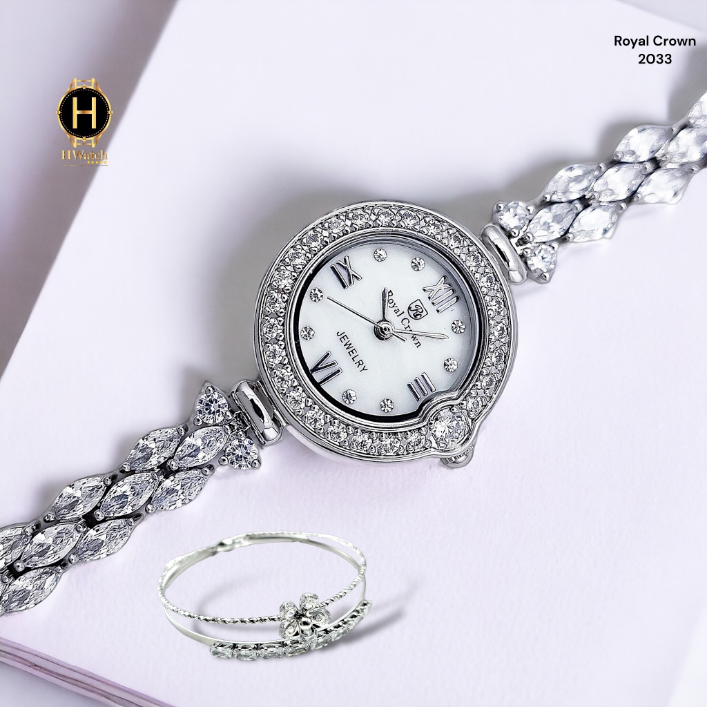 Đồng Hồ Nữ Royal Crown 2033 Lắc Tay Tròn  Dây Sắt Đính Đá