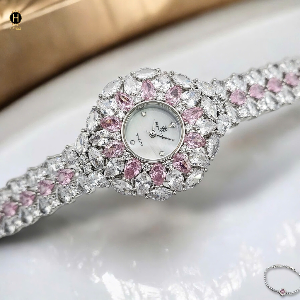 Đồng Hồ Nữ Royal Crown Quartz 2035 Thép Trắng Đá Hồng