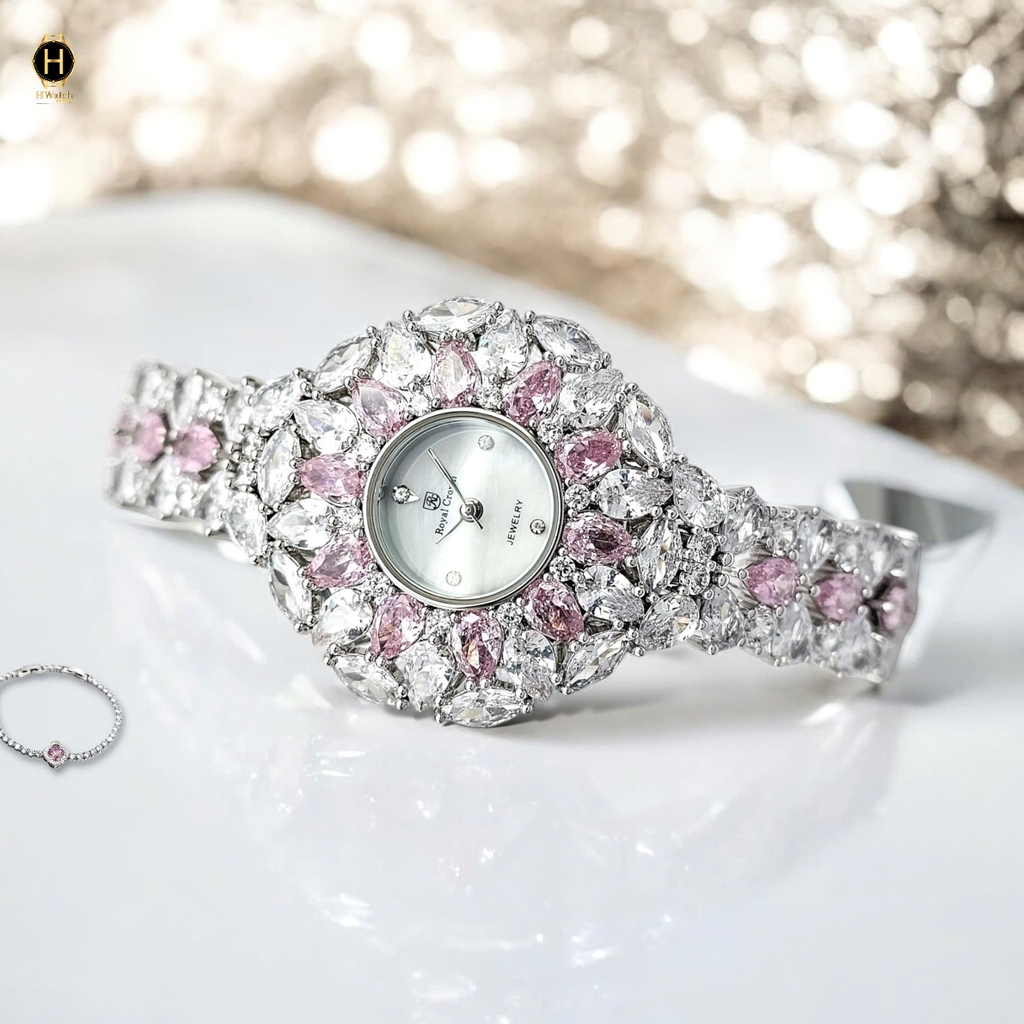 Đồng Hồ Nữ Royal Crown Quartz 2035 Thép Trắng Đá Hồng