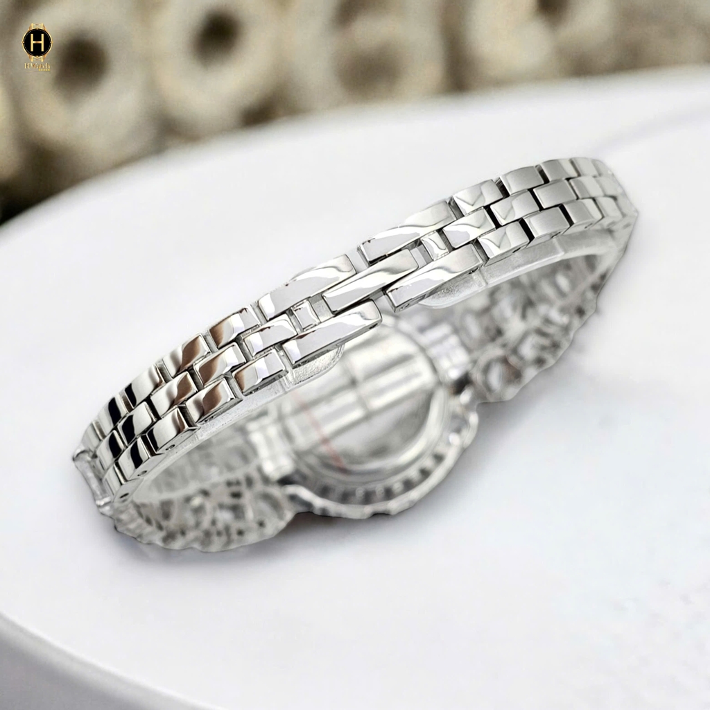 Đồng Hồ Nữ Royal Crown Quartz 2035 Thép Trắng Đá Hồng