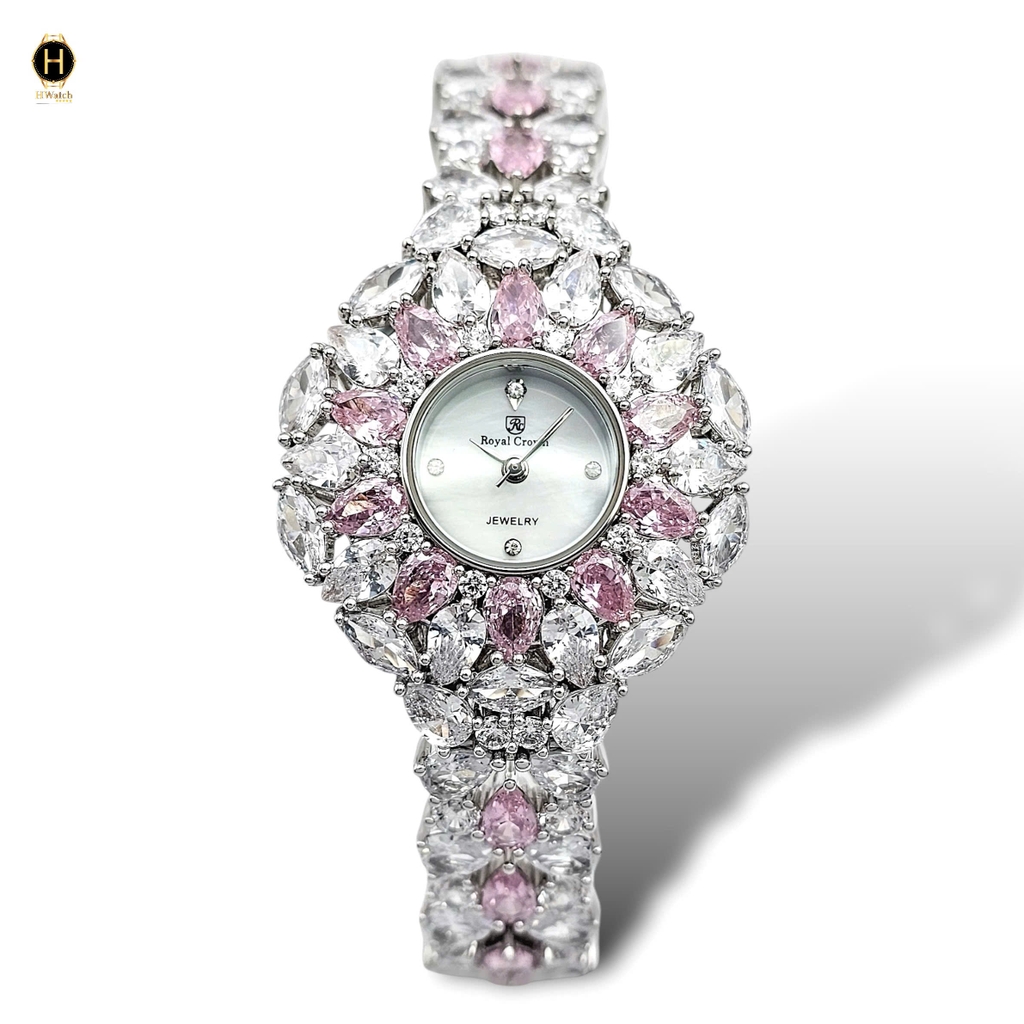 Đồng Hồ Nữ Royal Crown Quartz 2035 Thép Trắng Đá Hồng