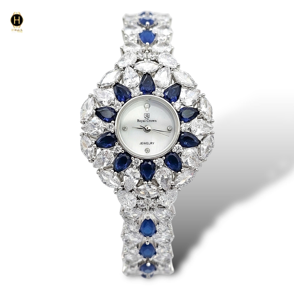 Đồng Hồ Nữ Royal Crown Quartz 2035 Thép Trắng Đá Xanh