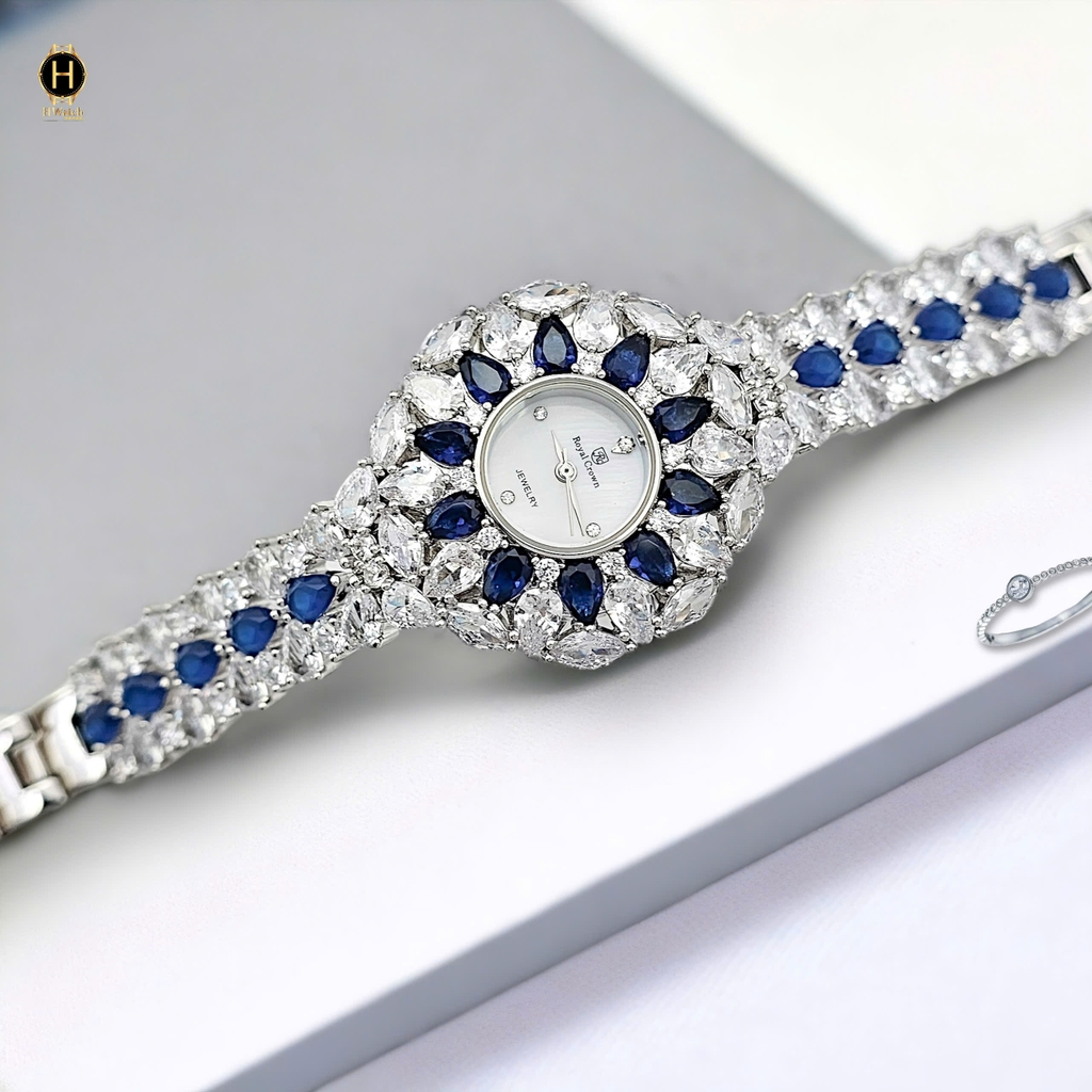 Đồng Hồ Nữ Royal Crown Quartz 2035 Thép Trắng Đá Xanh