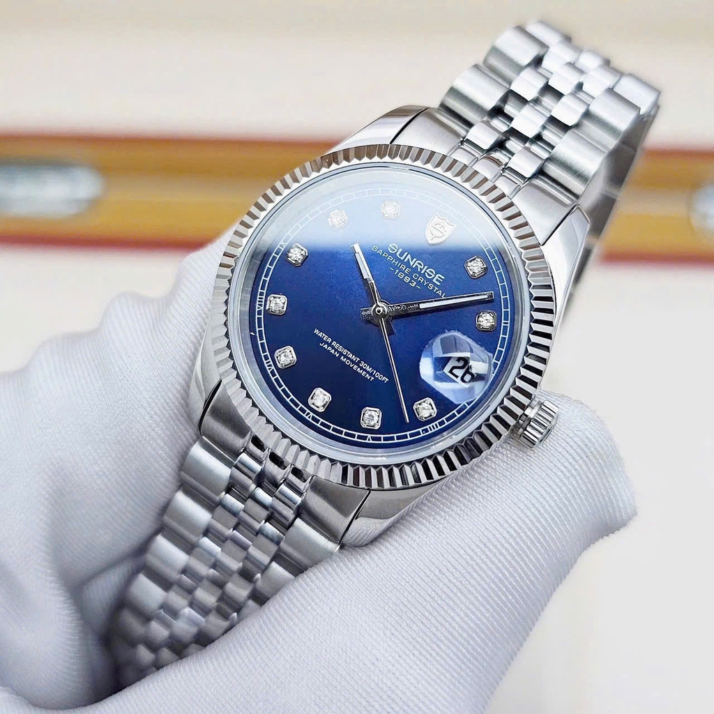 Đồng Hồ Cặp Sunrise Quartz 1255SA 2255SA Thép Trắng Blue ( Giá 1 Chiếc )