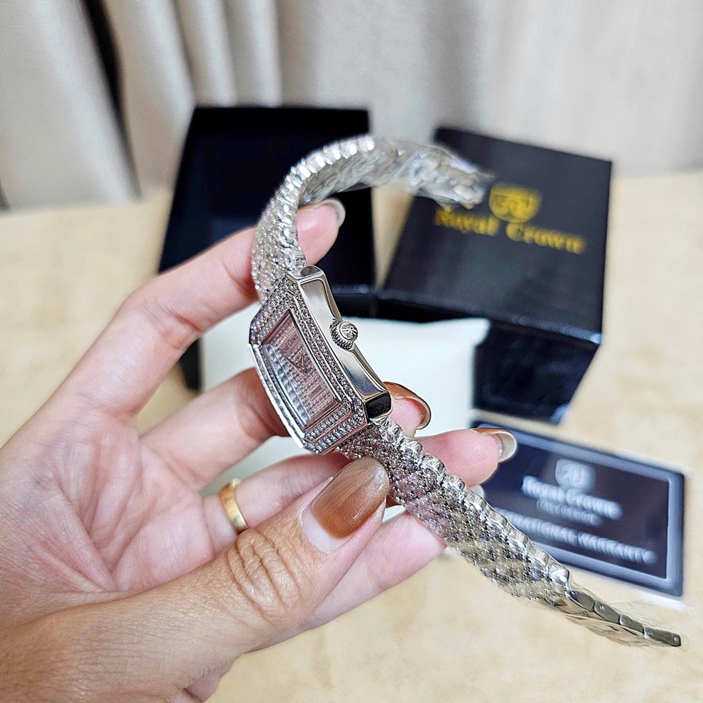 Đồng Hồ Nữ Royal Crown Quartz 3619M Thép Trắng Mặt Full Đá