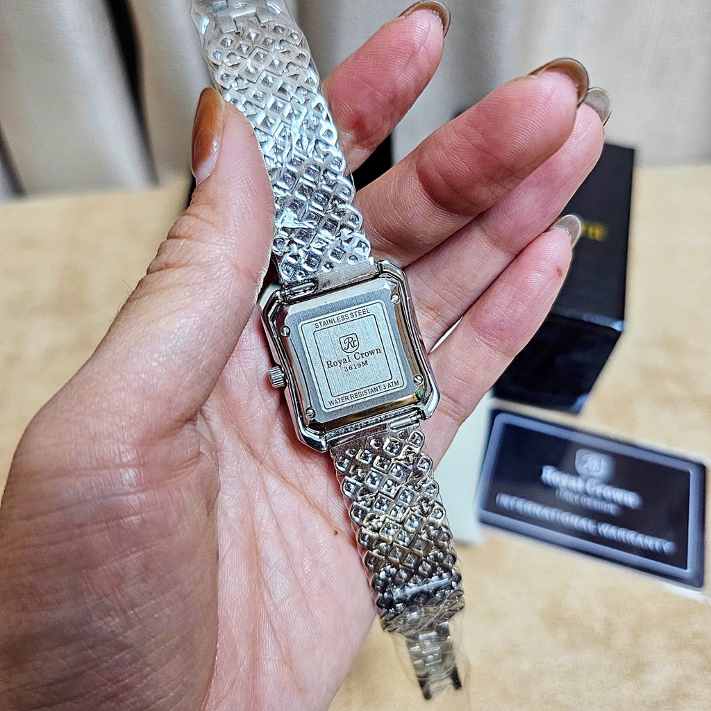 Đồng Hồ Nữ Royal Crown Quartz 3619M Thép Trắng Mặt Full Đá
