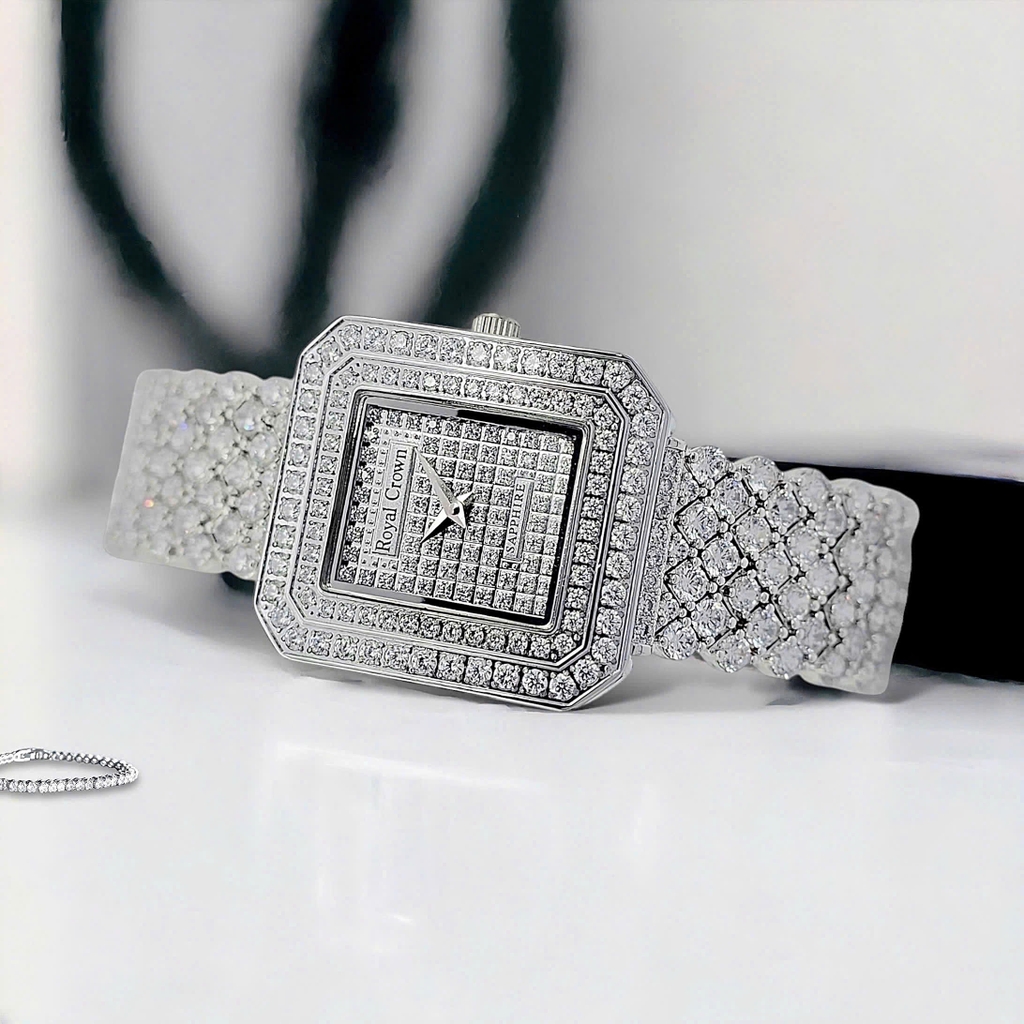 Đồng Hồ Nữ Royal Crown Quartz 3619M Thép Trắng Mặt Full Đá