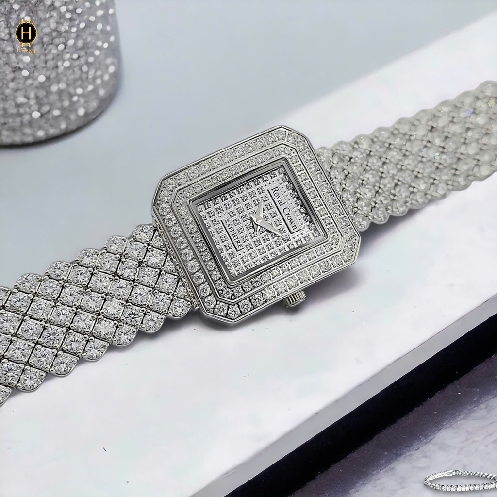 Đồng Hồ Nữ Royal Crown Quartz 3619M Thép Trắng Mặt Full Đá