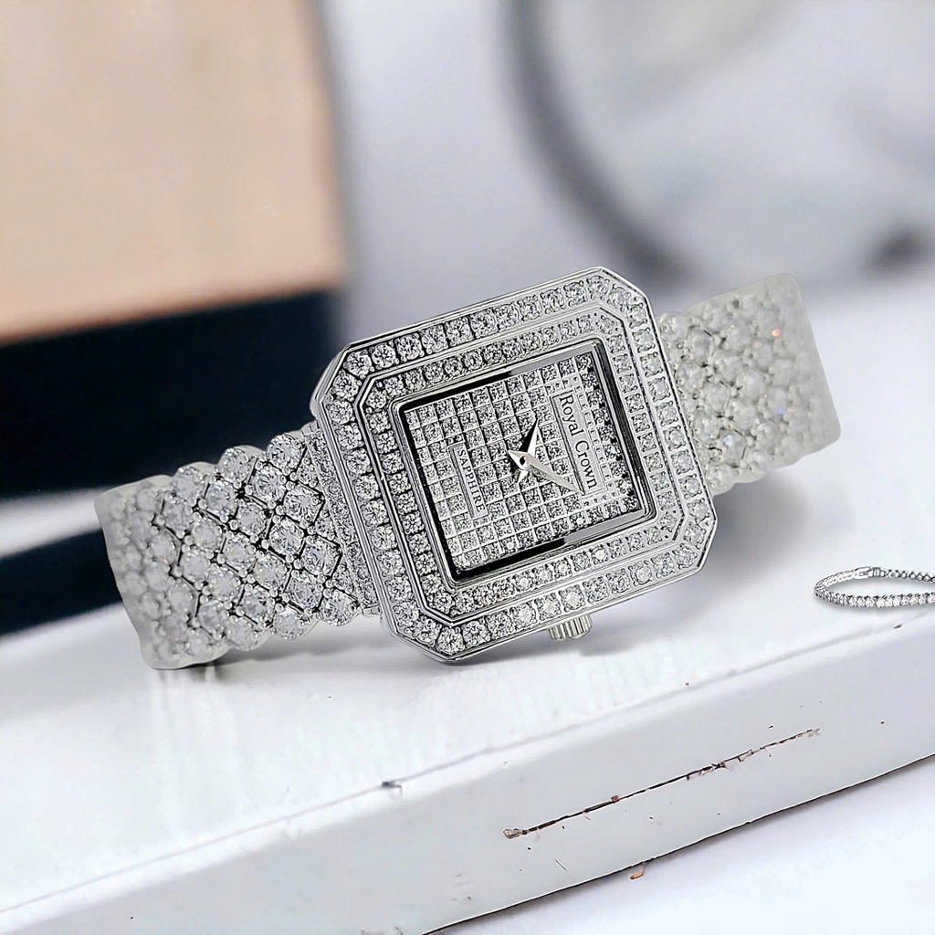 Đồng Hồ Nữ Royal Crown Quartz 3619M Thép Trắng Mặt Full Đá