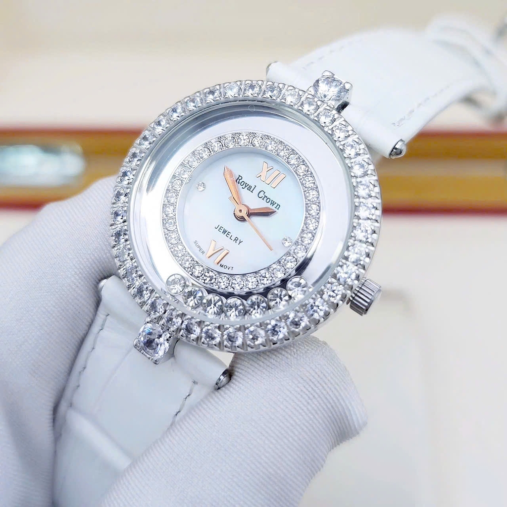 Đồng Hồ Nữ Royal Quarrtz 3628 Dây Da Mặt Trắng Viền Đá