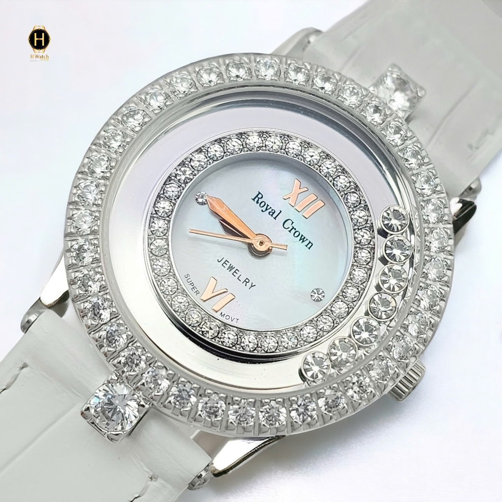Đồng Hồ Nữ Royal Quarrtz 3628 Dây Da Mặt Trắng Viền Đá