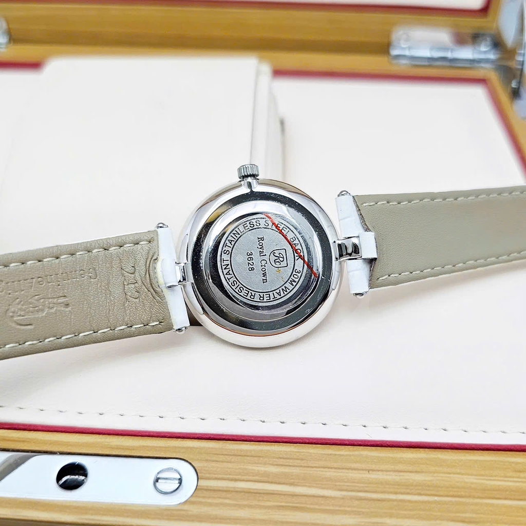 Đồng Hồ Nữ Royal Quarrtz 3628 Dây Da Mặt Trắng Viền Đá