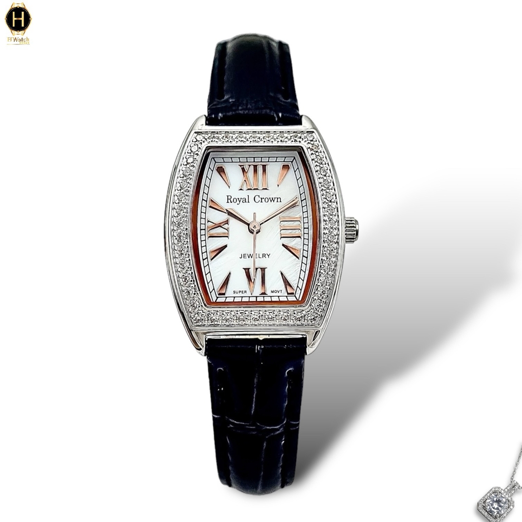 Đồng Hồ Nữ Royal Quartz 3635 Dây Da Đen Mặt Trắng Viền Đá