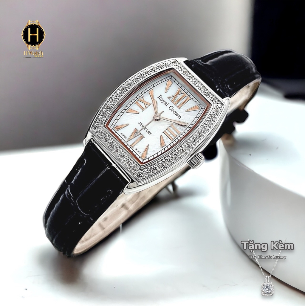 Đồng Hồ Nữ Royal Quartz 3635 Dây Da Đen Mặt Trắng Viền Đá