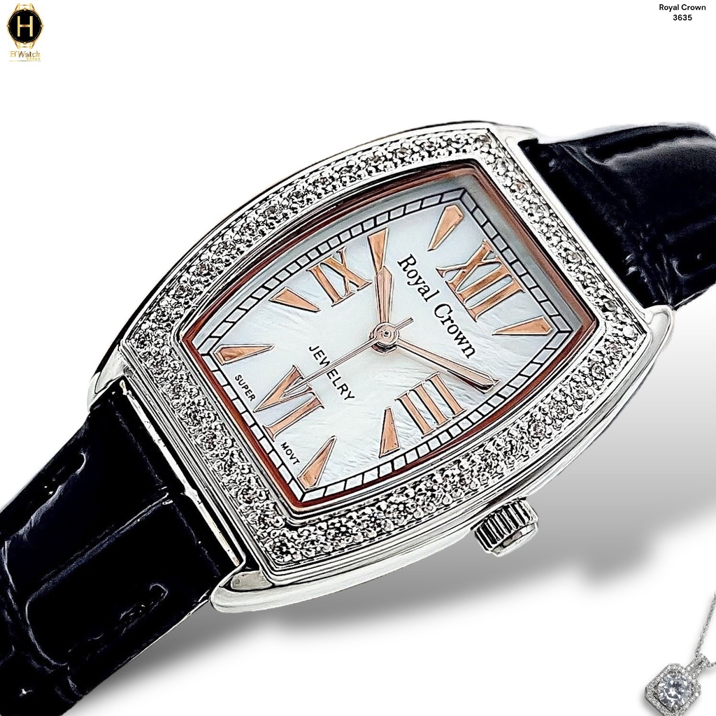 Đồng Hồ Nữ Royal Quartz 3635 Dây Da Đen Mặt Trắng Viền Đá