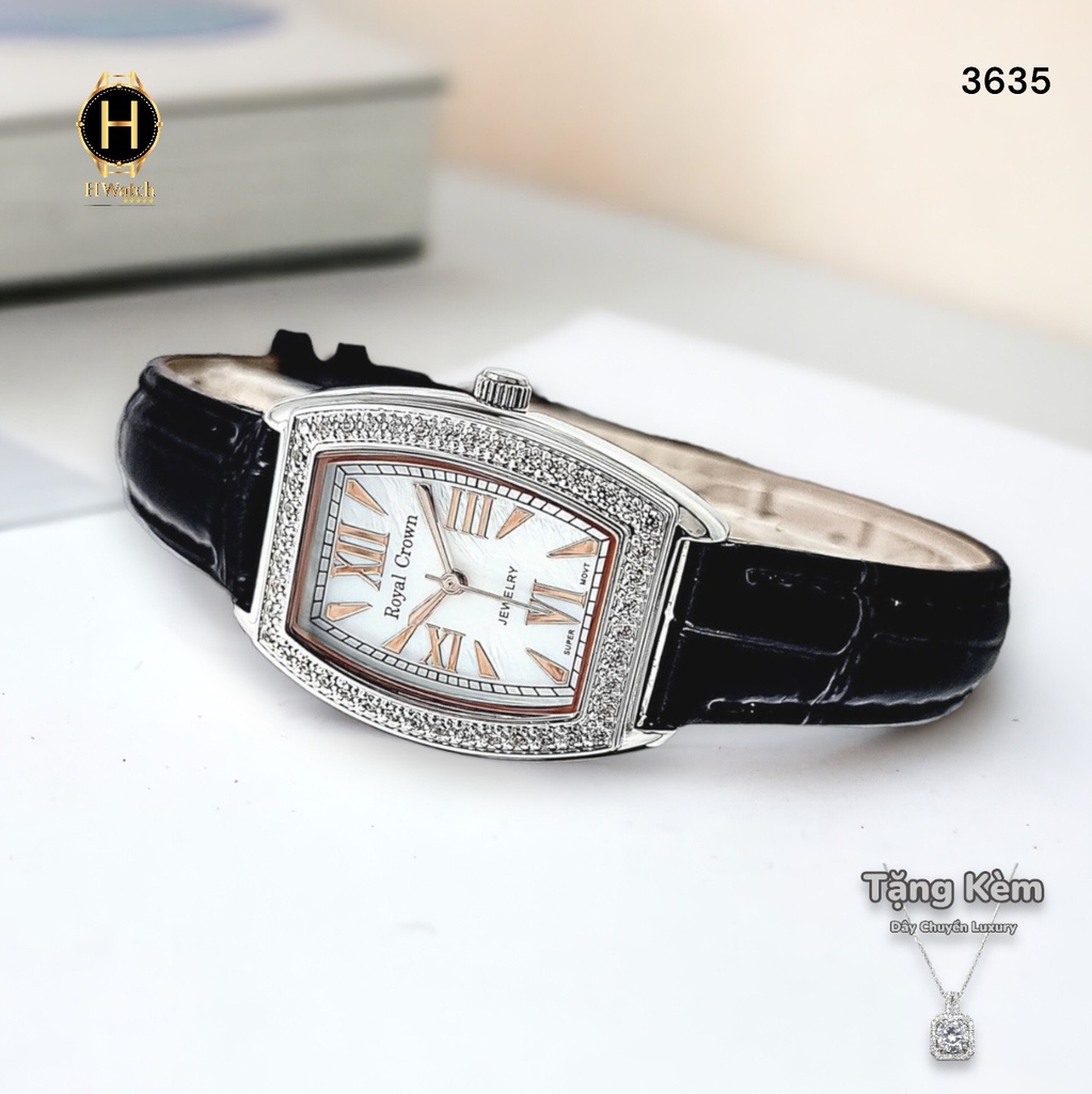 Đồng Hồ Nữ Royal Quartz 3635 Dây Da Đen Mặt Trắng Viền Đá