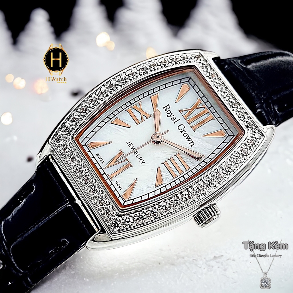 Đồng Hồ Nữ Royal Quartz 3635 Dây Da Đen Mặt Trắng Viền Đá