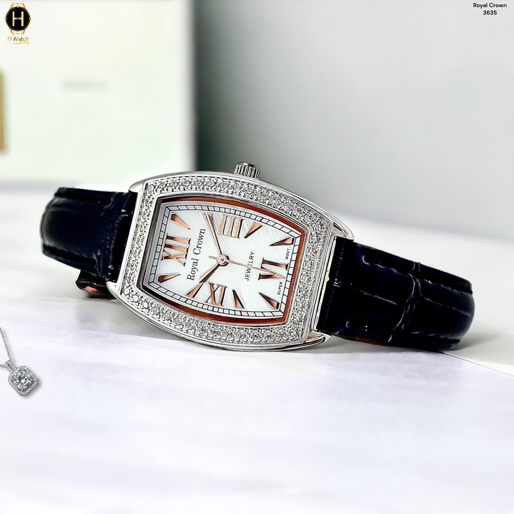 Đồng Hồ Nữ Royal Quartz 3635 Dây Da Đen Mặt Trắng Viền Đá
