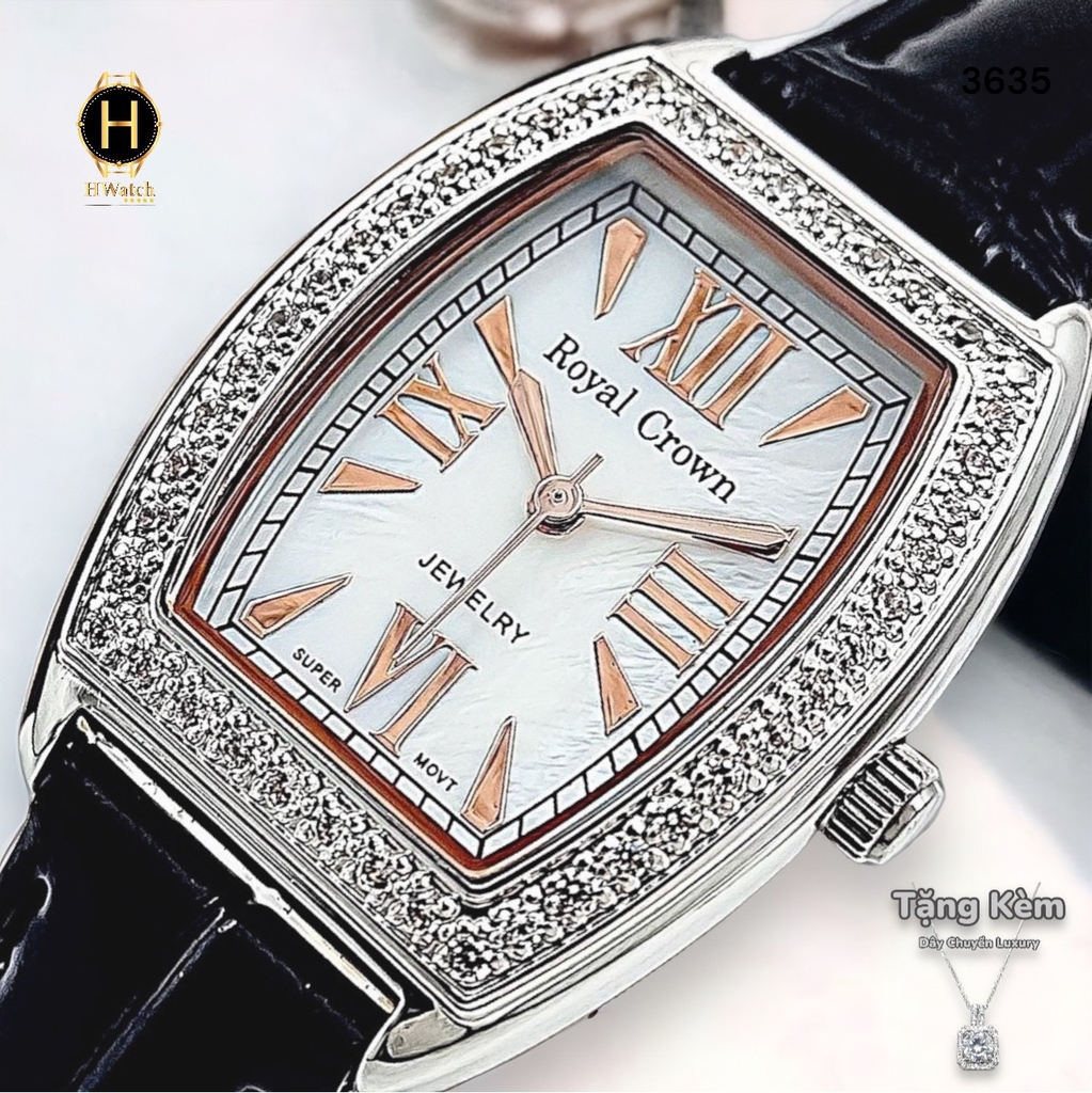 Đồng Hồ Nữ Royal Quartz 3635 Dây Da Đen Mặt Trắng Viền Đá