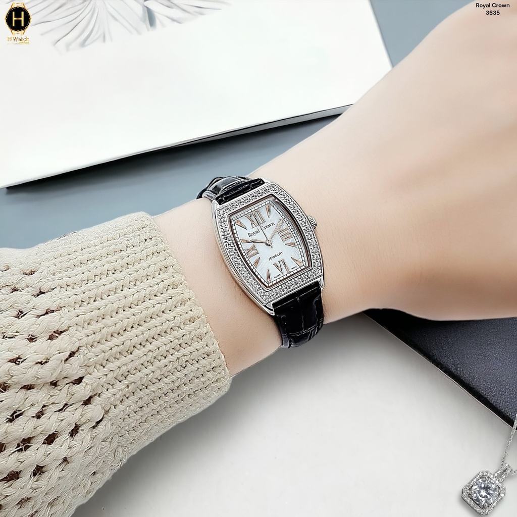 Đồng Hồ Nữ Royal Quartz 3635 Dây Da Đen Mặt Trắng Viền Đá