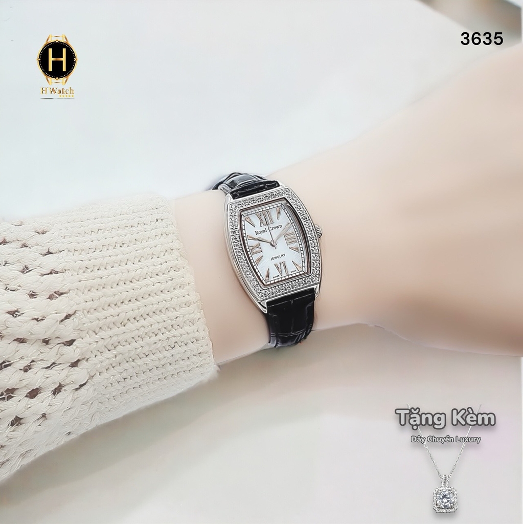 Đồng Hồ Nữ Royal Quartz 3635 Dây Da Đen Mặt Trắng Viền Đá